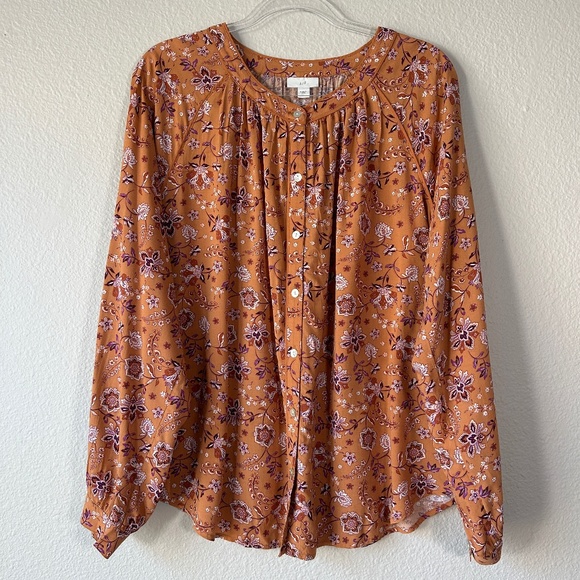 J. Jill size L collarless button down blouse top orange floral long sleeve boho - Picture 1 of 11
